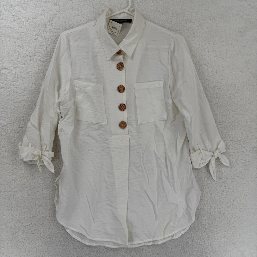 Marc New York Shirt Womens Small White Button Tunic 3/4 Sleeve Tie Cuff NEW